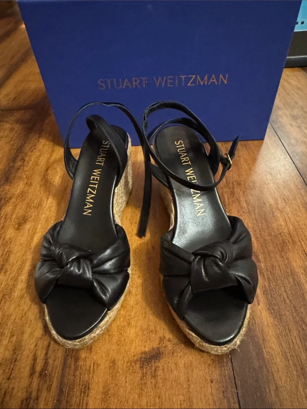 Stuart Weitzman Black Leather Knot Espadrille Wedges with Ankle Strap.